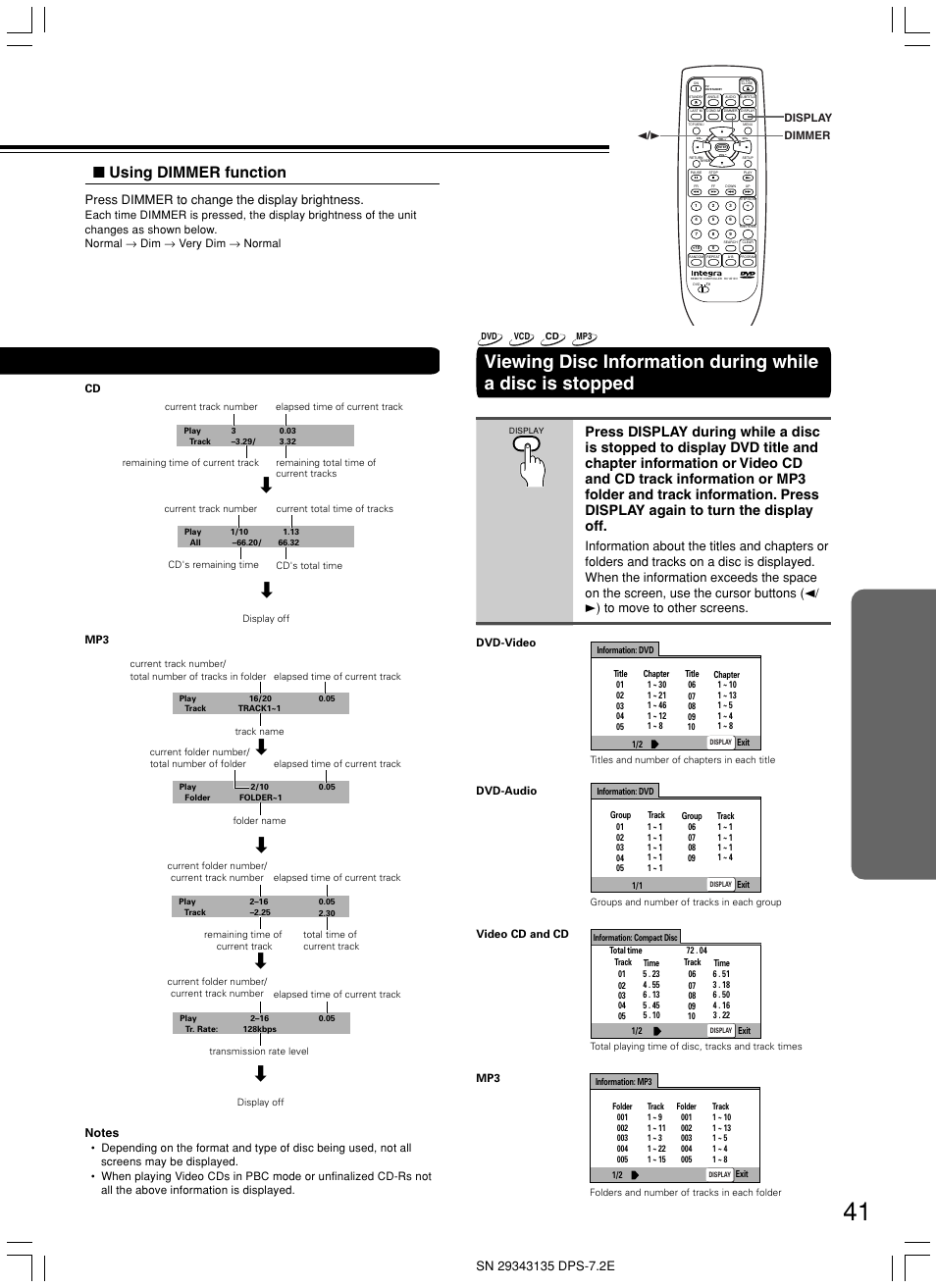 Using dimmer function, Press dimmer to change the display brightness | Integra DPS-7.2 User Manual | Page 41 / 68