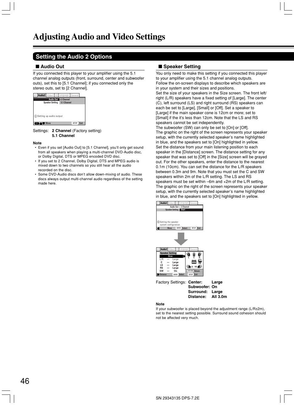 Adjusting audio and video settings, Setting the audio 2 options, Audio out | Speaker setting | Integra DPS-7.2 User Manual | Page 46 / 68