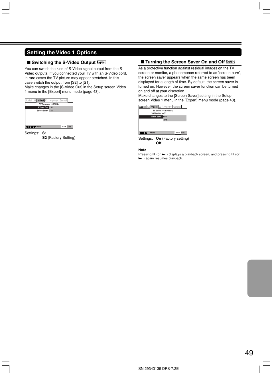 Setting the video 1 options, Turning the screen saver on and off, Switching the s-video output | Integra DPS-7.2 User Manual | Page 49 / 68