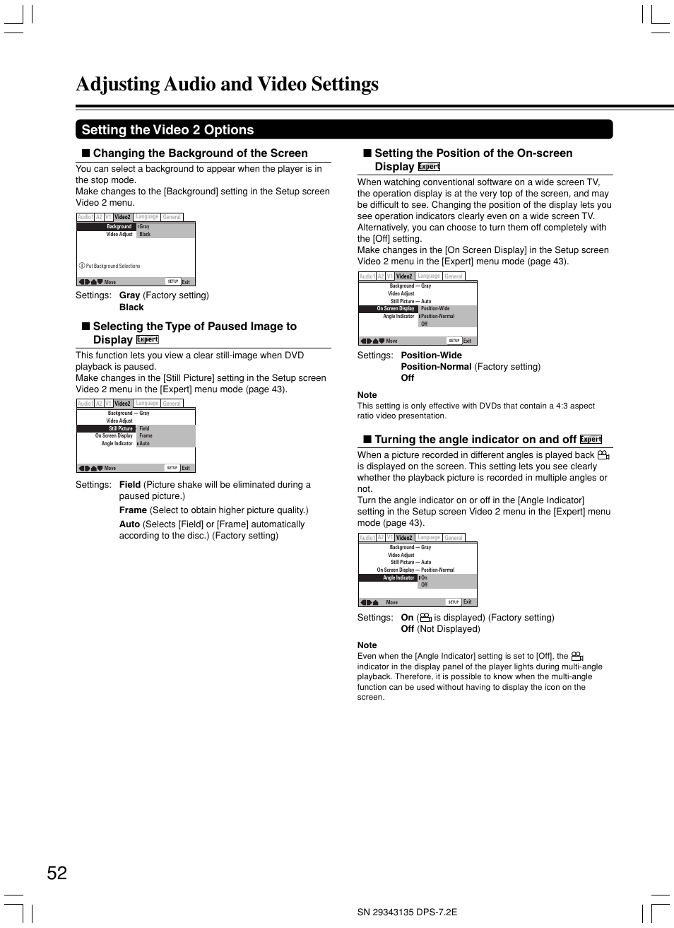 Adjusting audio and video settings, Setting the video 2 options, Changing the background of the screen | Selecting the type of paused image to display, Setting the position of the on-screen display, Turning the angle indicator on and off | Integra DPS-7.2 User Manual | Page 52 / 68