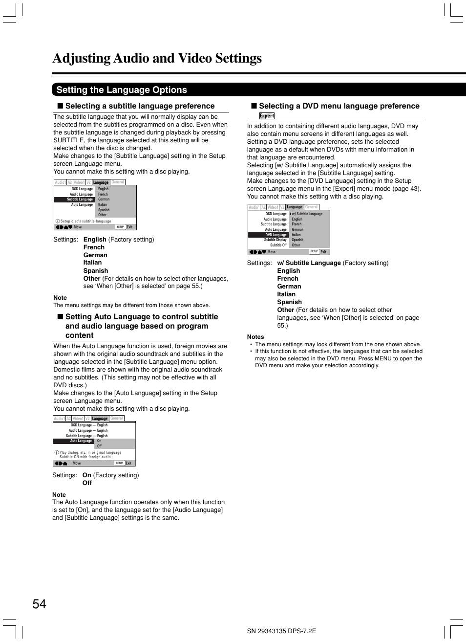 Adjusting audio and video settings, Setting the language options, Selecting a subtitle language preference | Selecting a dvd menu language preference | Integra DPS-7.2 User Manual | Page 54 / 68