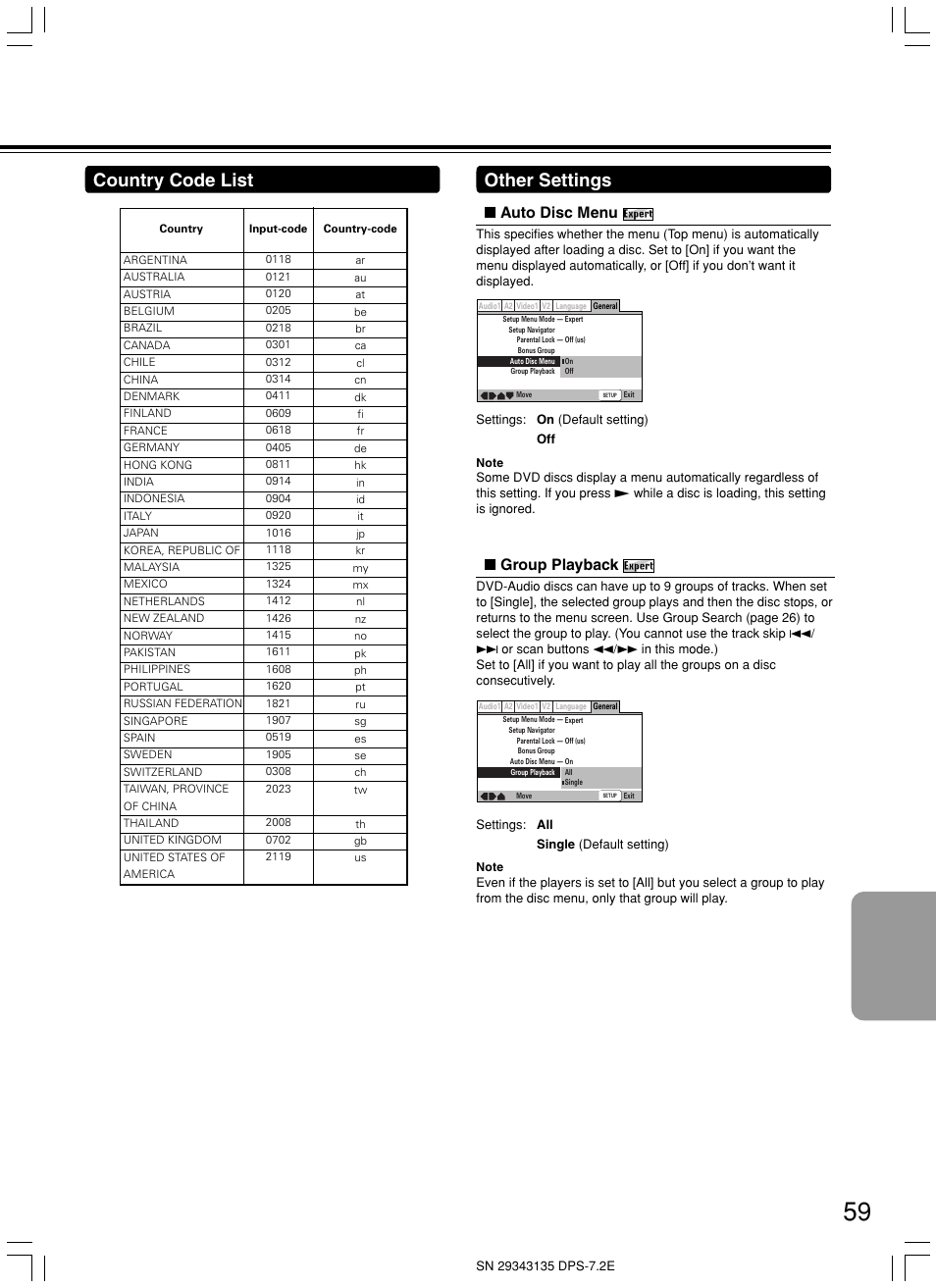 Country code list, Other settings, Auto disc menu | Group playback | Integra DPS-7.2 User Manual | Page 59 / 68