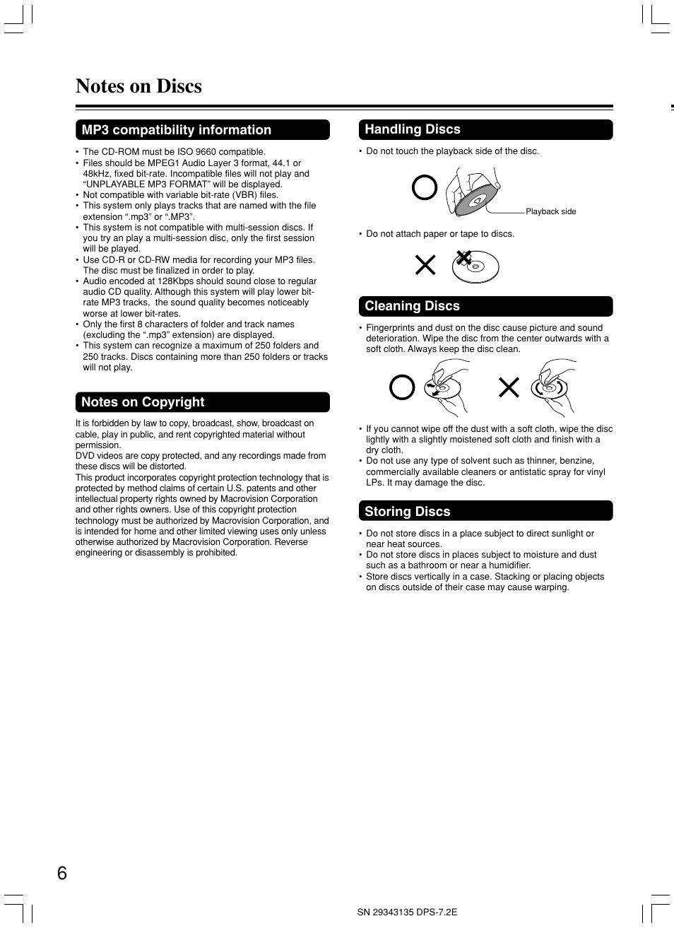 Cleaning discs, Storing discs, Handling discs | Mp3 compatibility information | Integra DPS-7.2 User Manual | Page 6 / 68