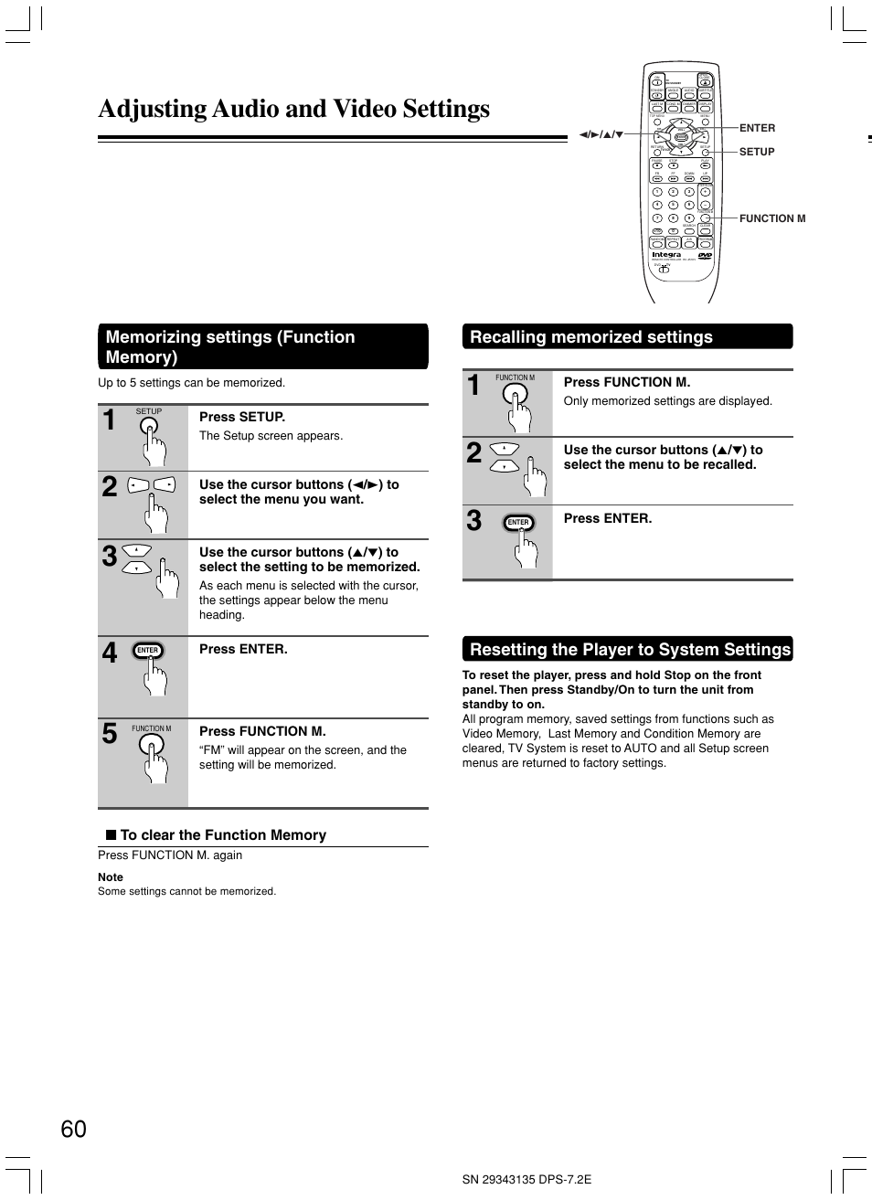 Adjusting audio and video settings, Resetting the player to system settings, Press setup | Press enter. press function m, Press function m, The setup screen appears, Press function m. again | Integra DPS-7.2 User Manual | Page 60 / 68