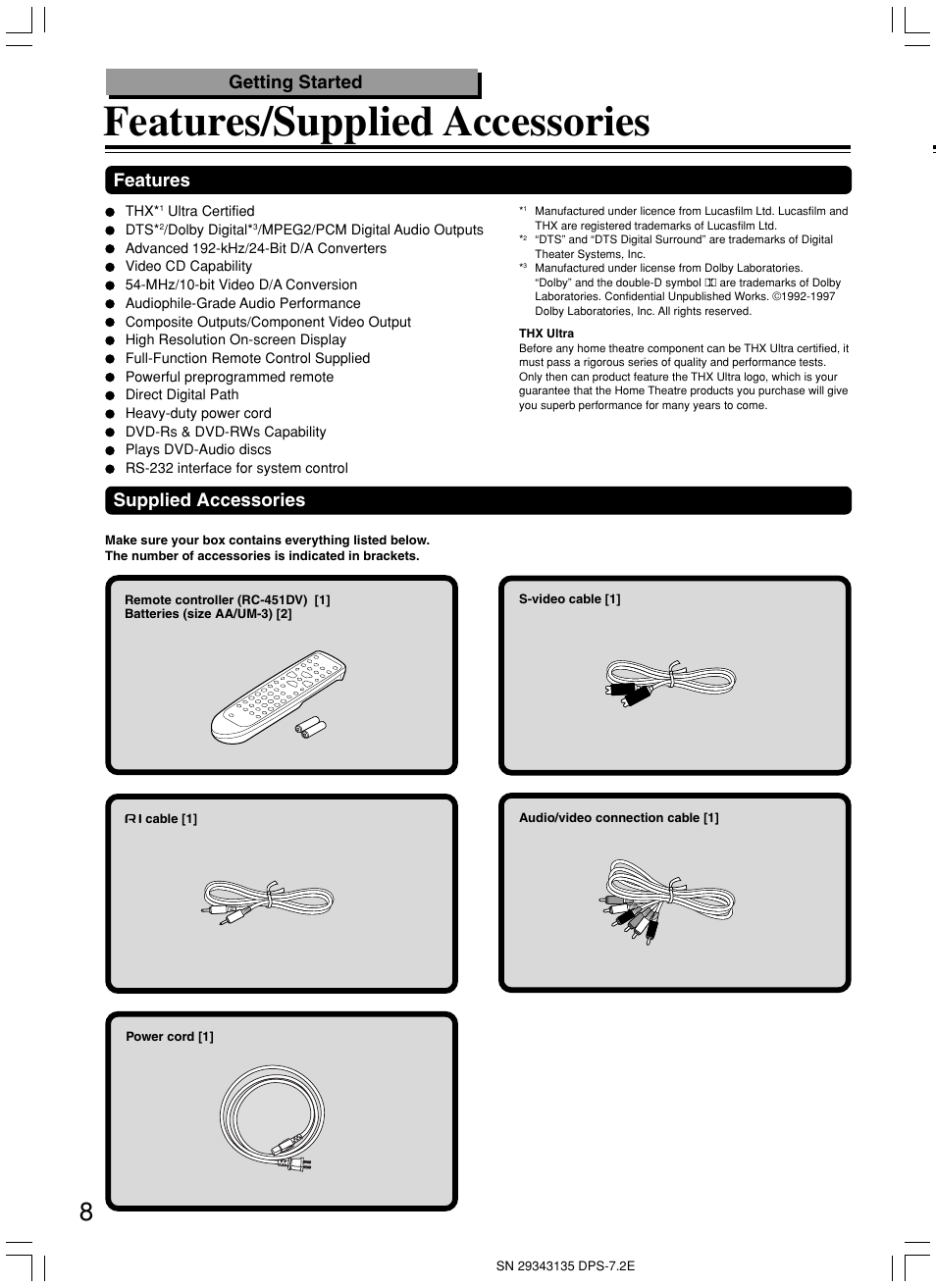 Features/supplied accessories, Getting started, Supplied accessories | Features | Integra DPS-7.2 User Manual | Page 8 / 68