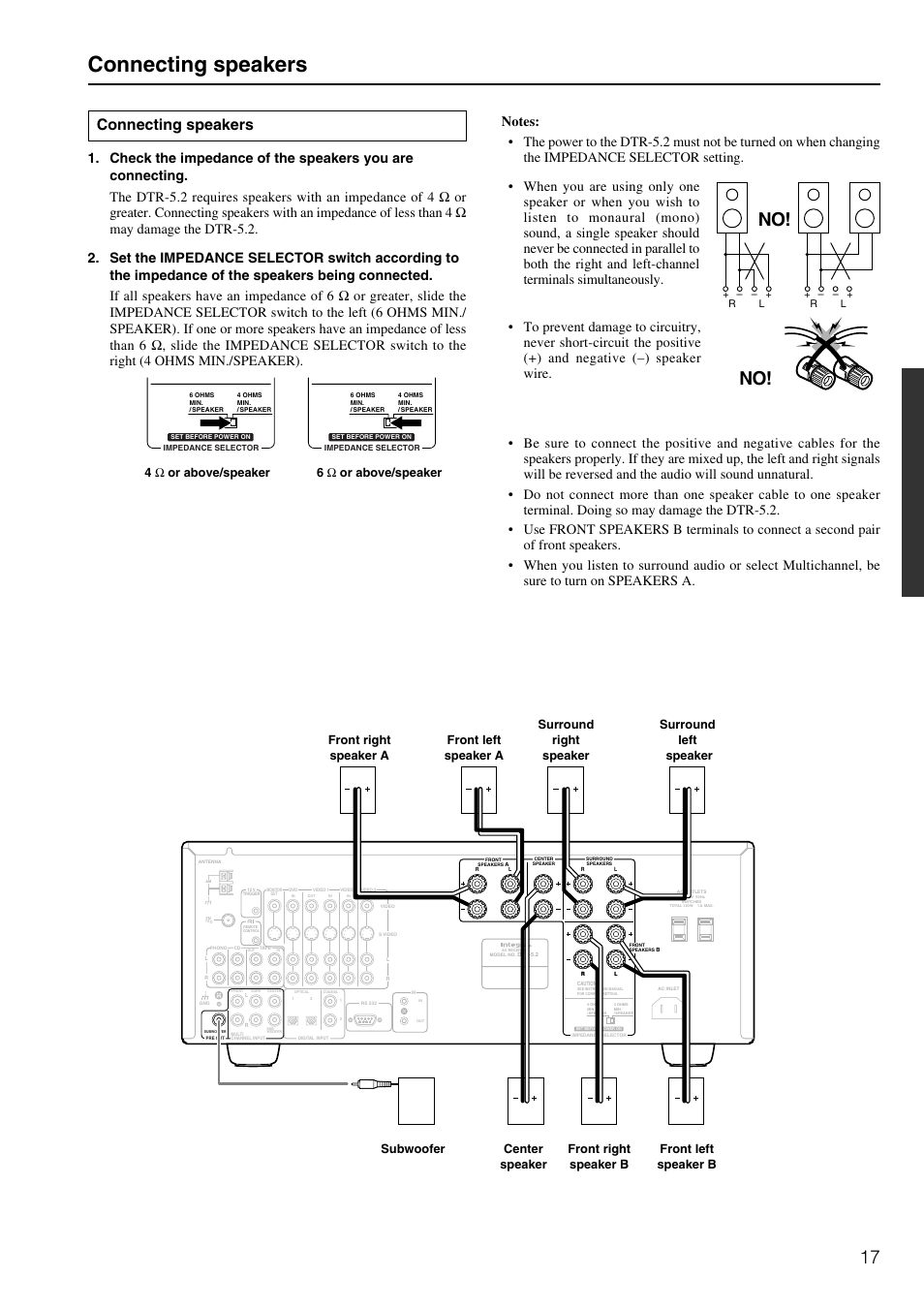 Connecting speakers, 4ω or above/speaker 6 ω or above/speaker, Surround left speaker surround right speaker | Integra DTR-5.2 User Manual | Page 17 / 52