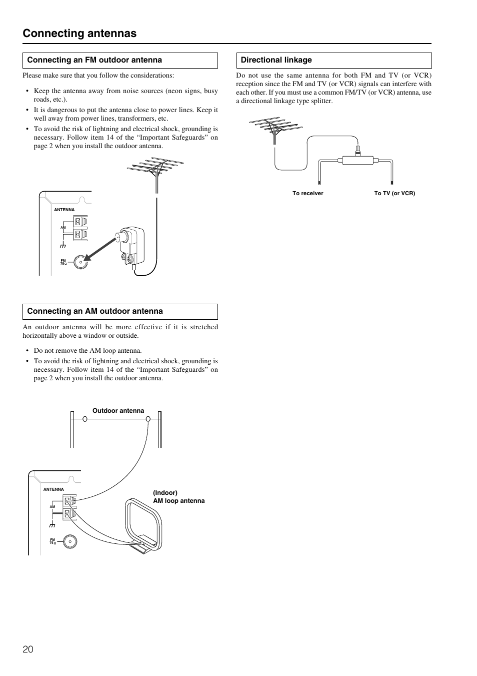 Connecting antennas, Connecting an am outdoor antenna, Directional linkage | Connecting an fm outdoor antenna | Integra DTR-5.2 User Manual | Page 20 / 52