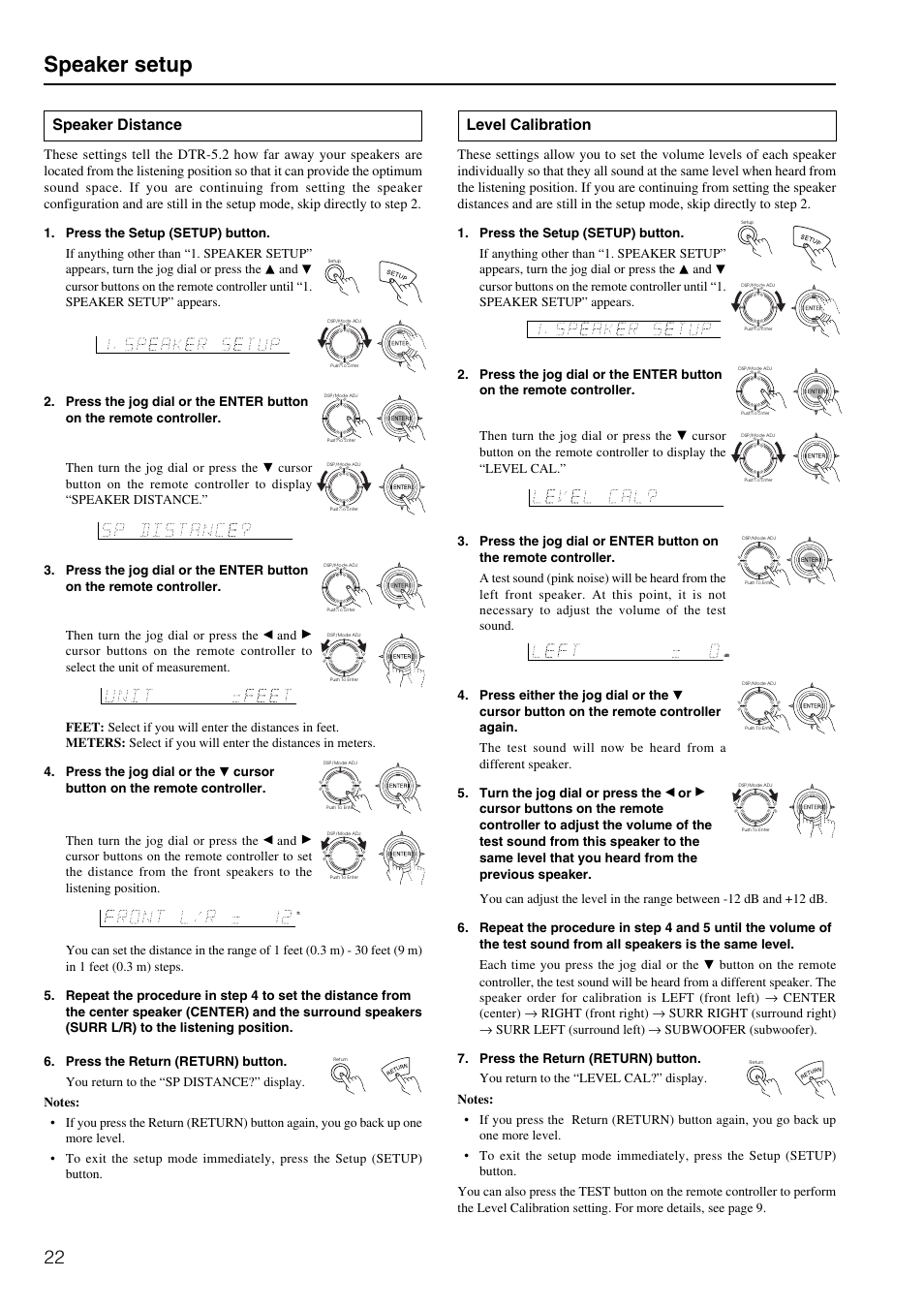 Speaker setup, Speaker distance, Level calibration | Integra DTR-5.2 User Manual | Page 22 / 52