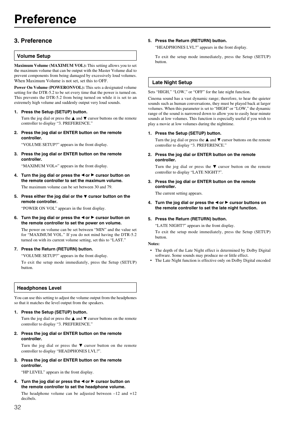 Preference | Integra DTR-5.2 User Manual | Page 32 / 52