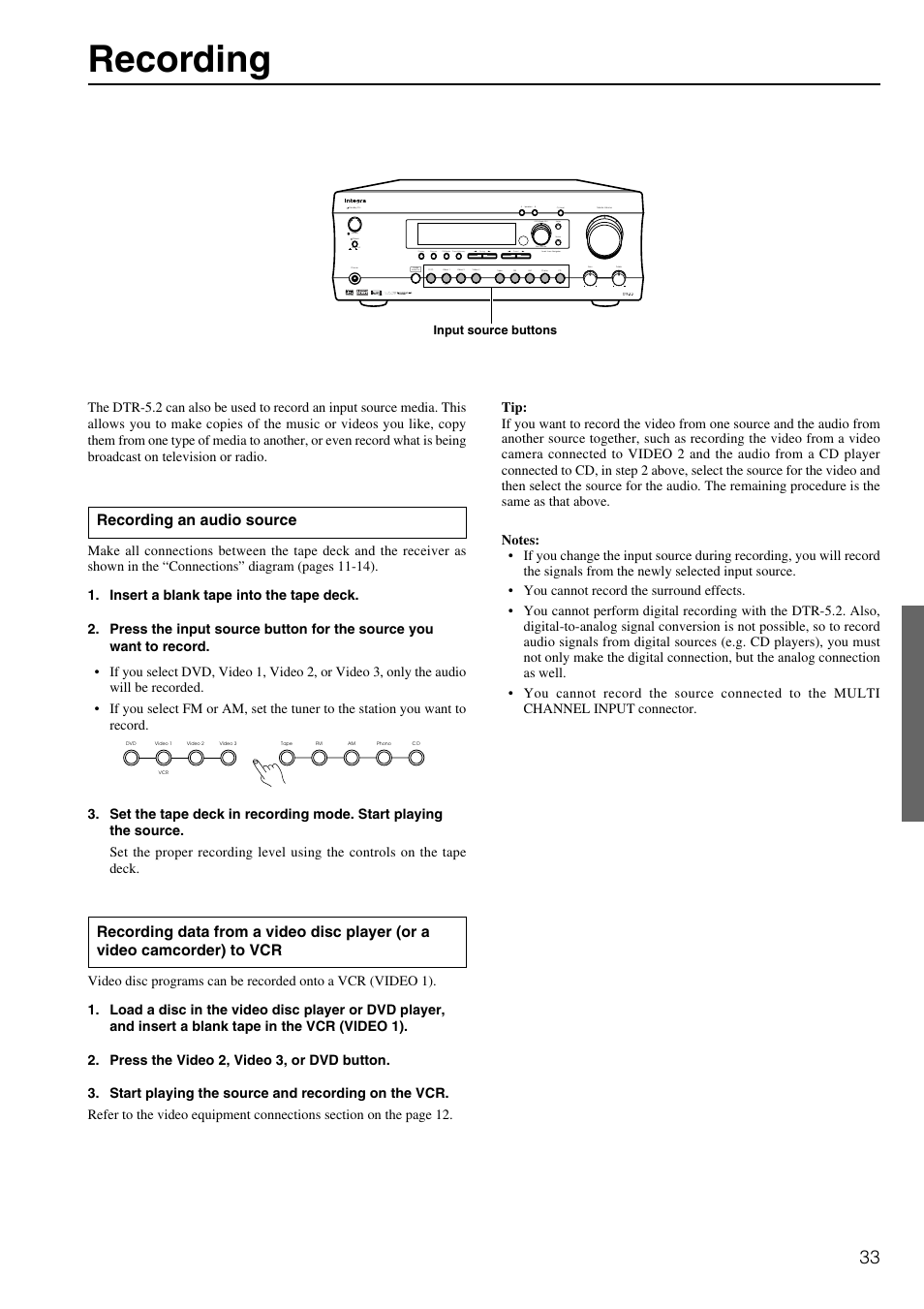 Recording, Recording an audio source, Standby | On o f f | Integra DTR-5.2 User Manual | Page 33 / 52