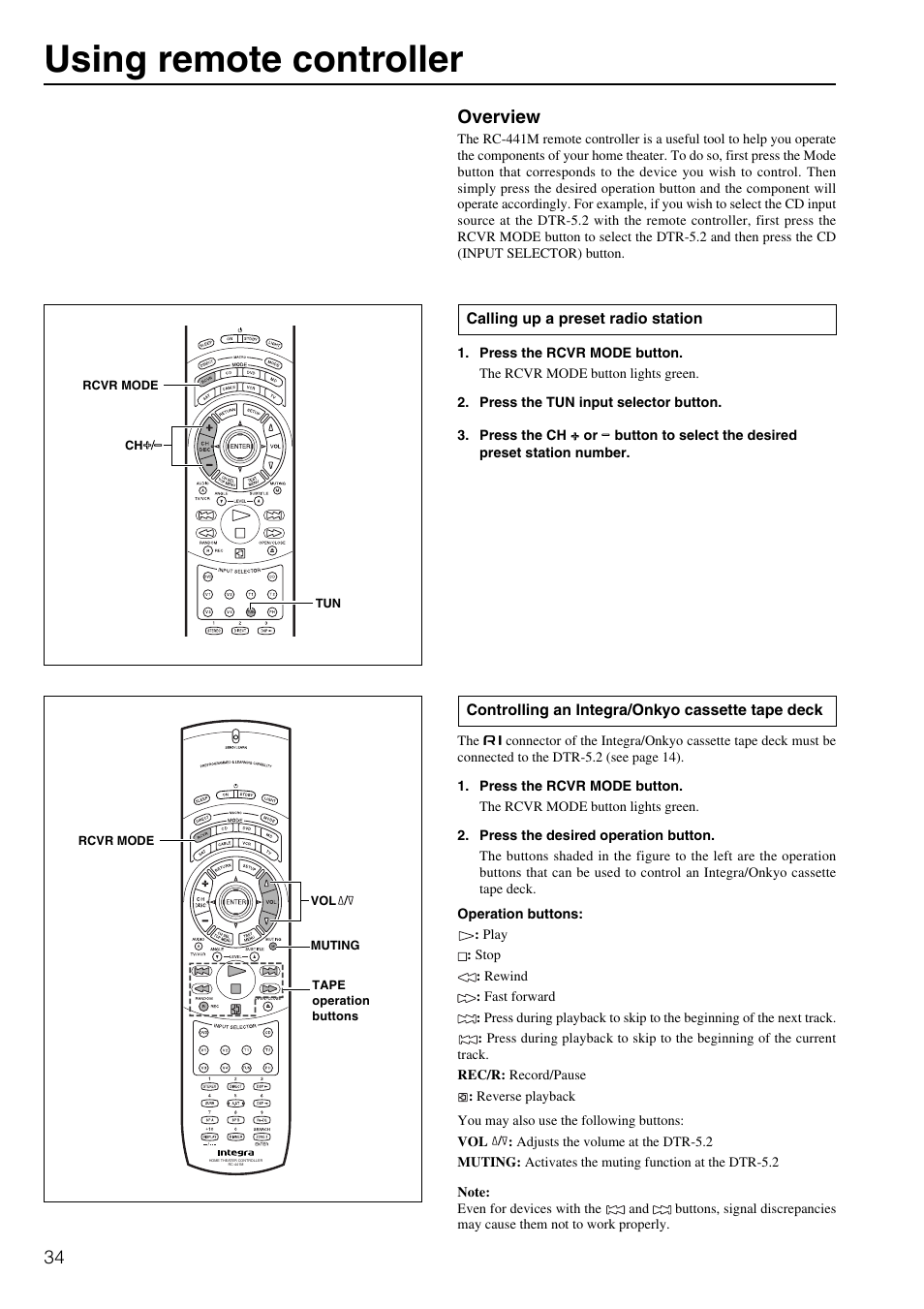 Using remote controller, Overview | Integra DTR-5.2 User Manual | Page 34 / 52