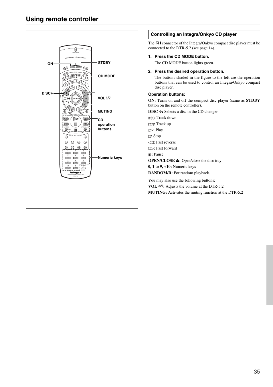 Using remote controller | Integra DTR-5.2 User Manual | Page 35 / 52