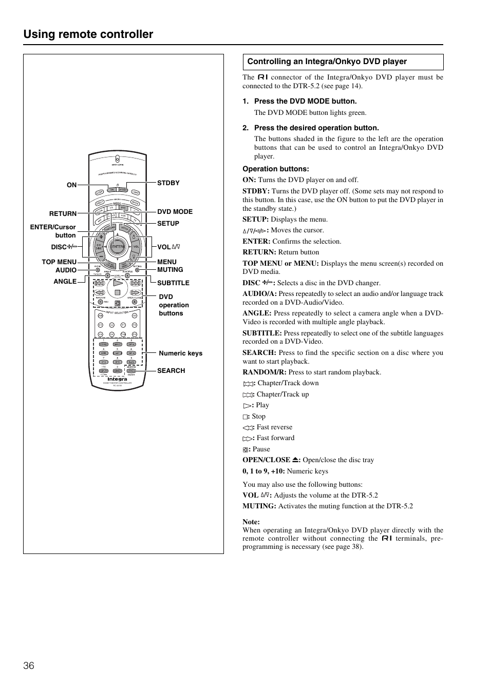 Using remote controller | Integra DTR-5.2 User Manual | Page 36 / 52