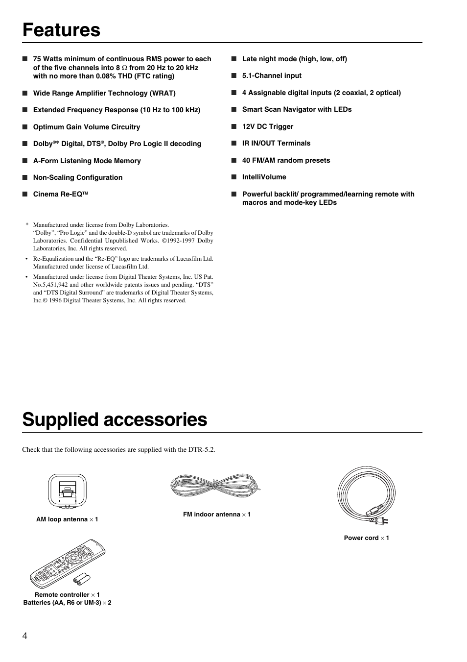 Supplied accessories, Features | Integra DTR-5.2 User Manual | Page 4 / 52