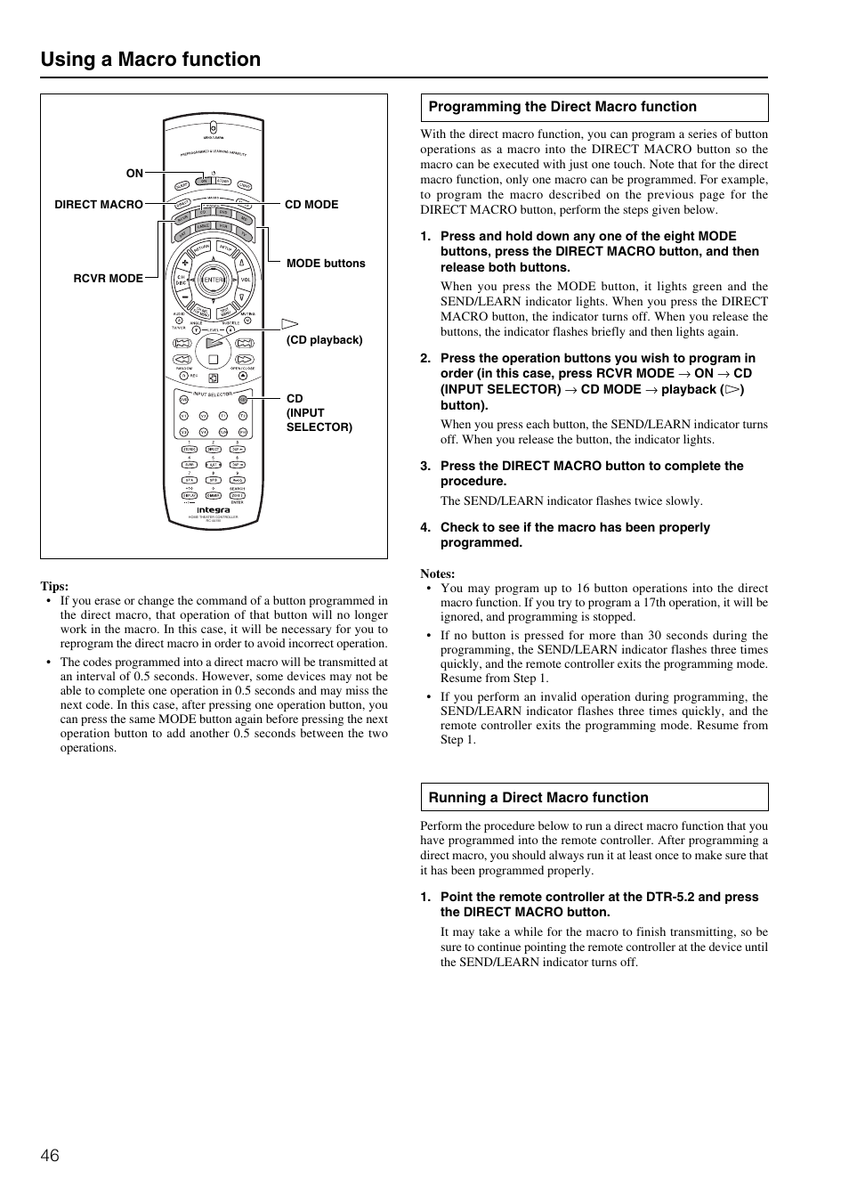 Using a macro function | Integra DTR-5.2 User Manual | Page 46 / 52