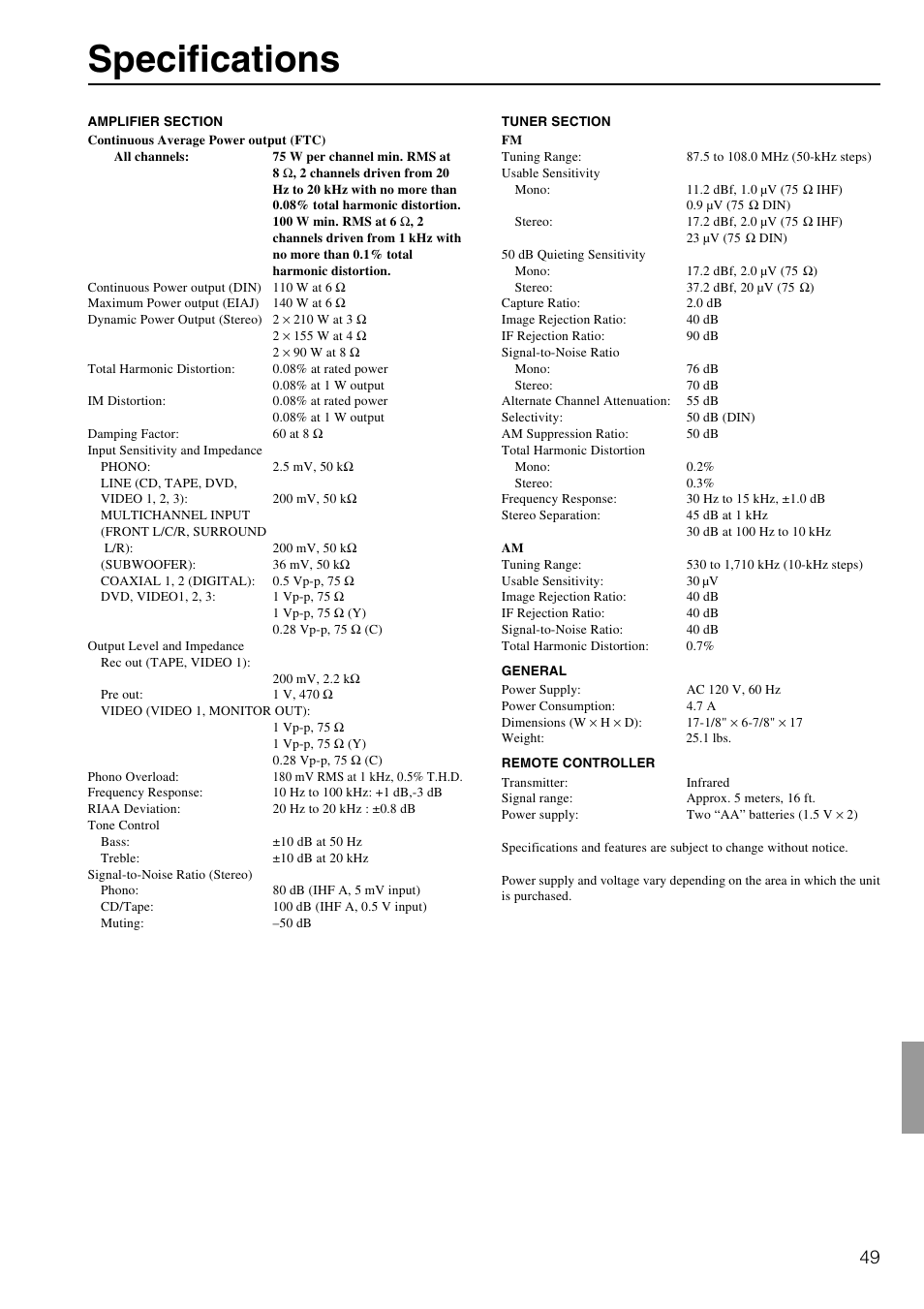 Specifications | Integra DTR-5.2 User Manual | Page 49 / 52