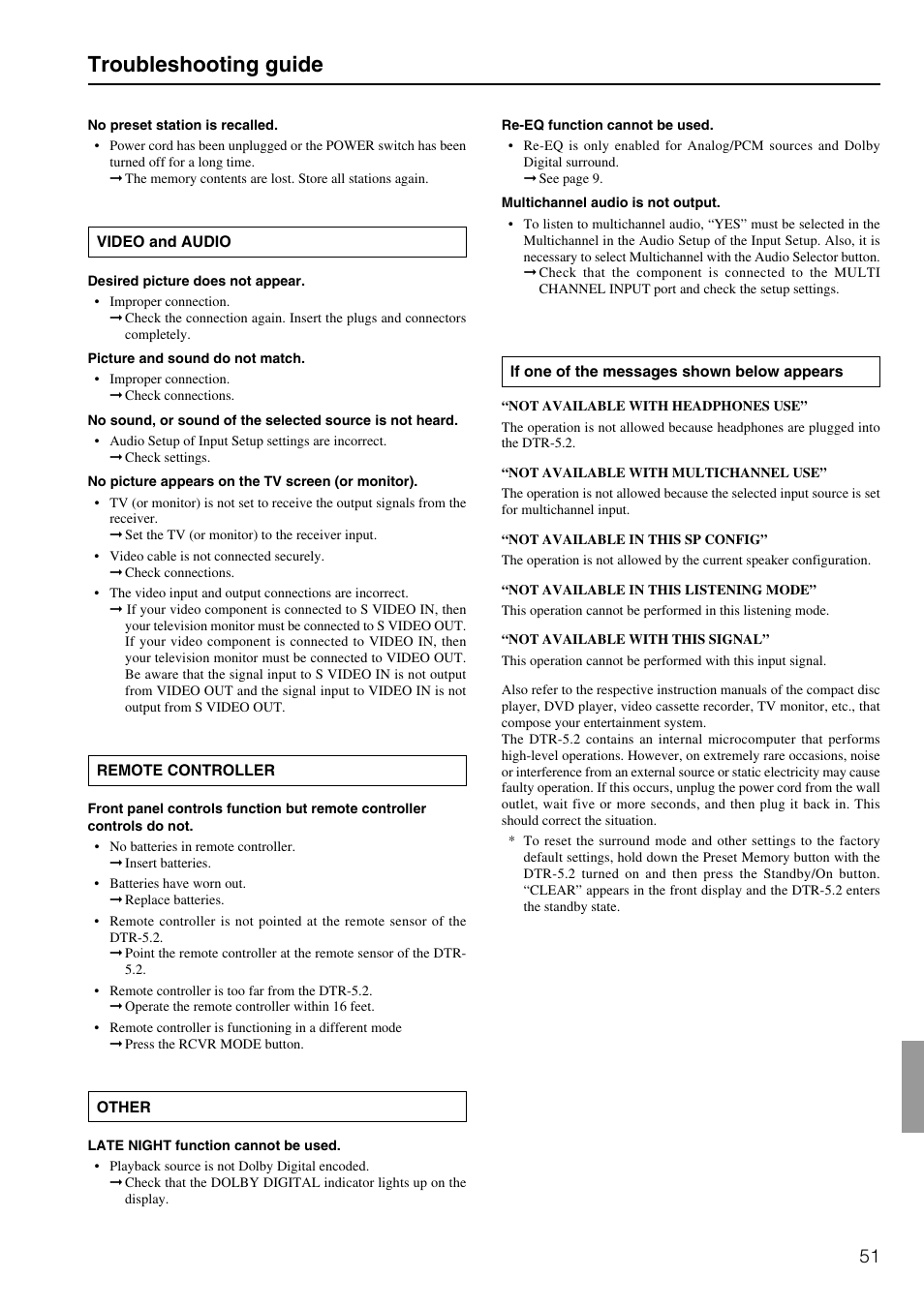 Troubleshooting guide | Integra DTR-5.2 User Manual | Page 51 / 52