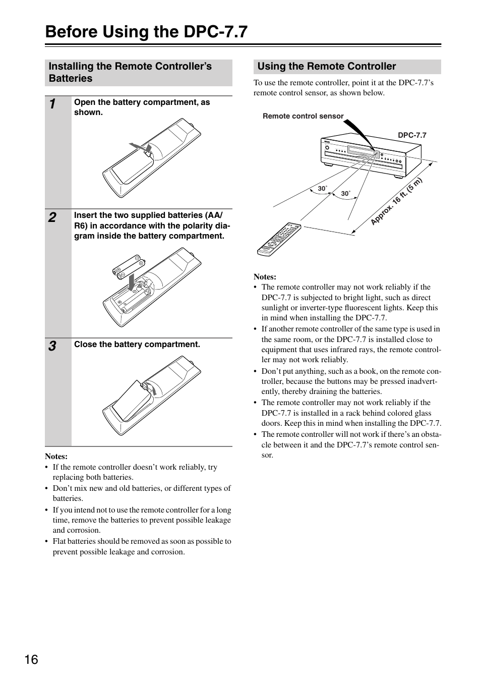Before using the dpc7.7, Installing the remote controller’s batteries, Using the remote controller | Before using the dpc-7.7, Installing the remote controller’s, Batteries, Ol sensor (16) | Integra DPC-7.7 User Manual | Page 16 / 56