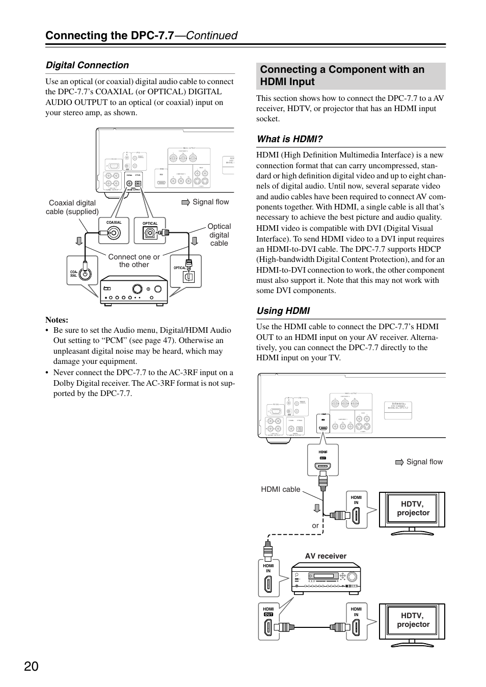 Connecting a component with an hdmi input, Connecting a component with an hdmi, Input | Connecting the dpc-7.7 —continued, Digital connection, What is hdmi, Using hdmi | Integra DPC-7.7 User Manual | Page 20 / 56