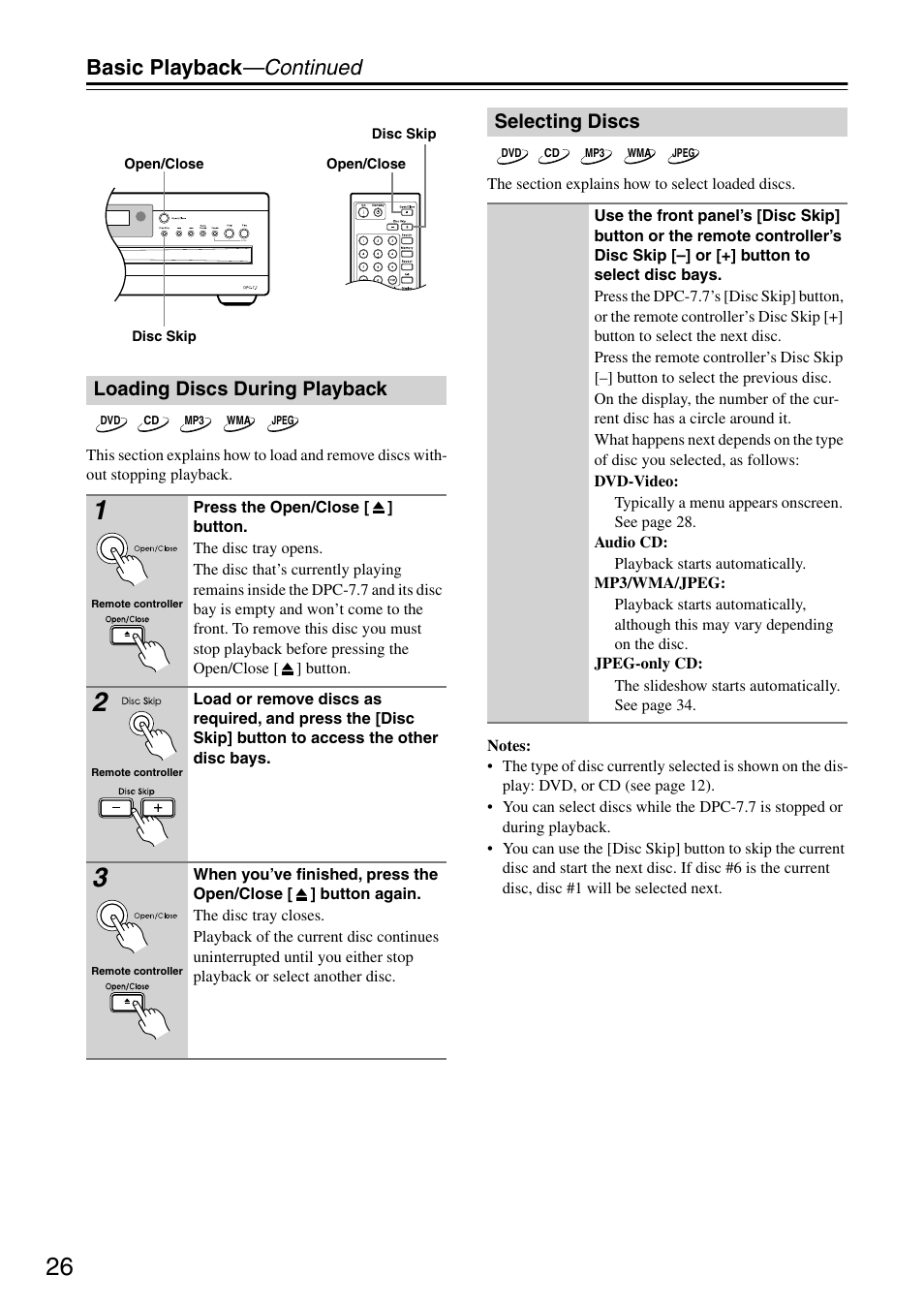 Loading discs during playback, Selecting discs, Loading discs during playback selecting discs | Basic playback —continued | Integra DPC-7.7 User Manual | Page 26 / 56