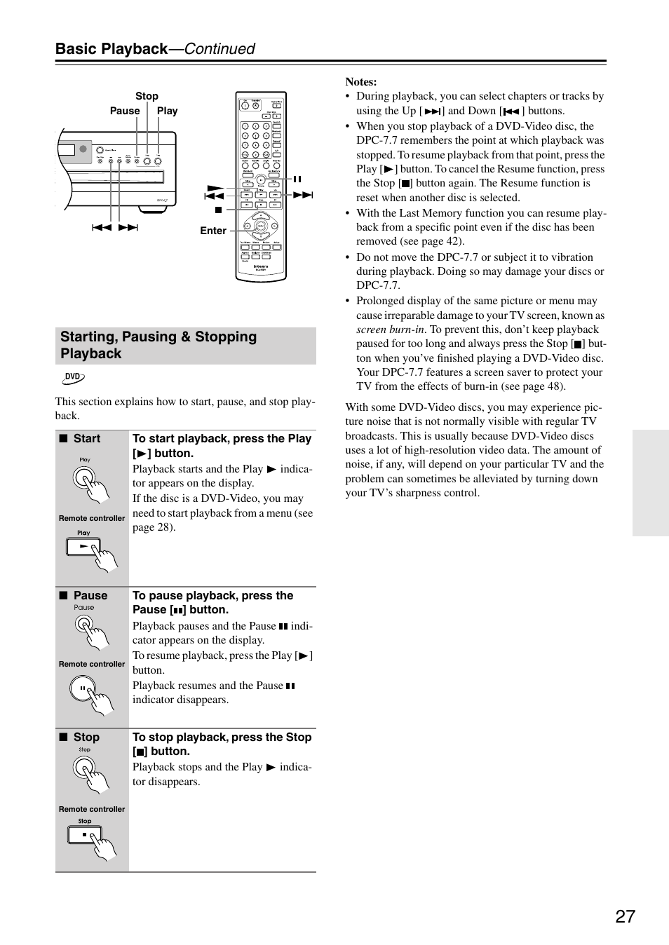 Starting, pausing & stopping playback, Utton (27), Utton (27 | Indicator (27), Basic playback —continued | Integra DPC-7.7 User Manual | Page 27 / 56