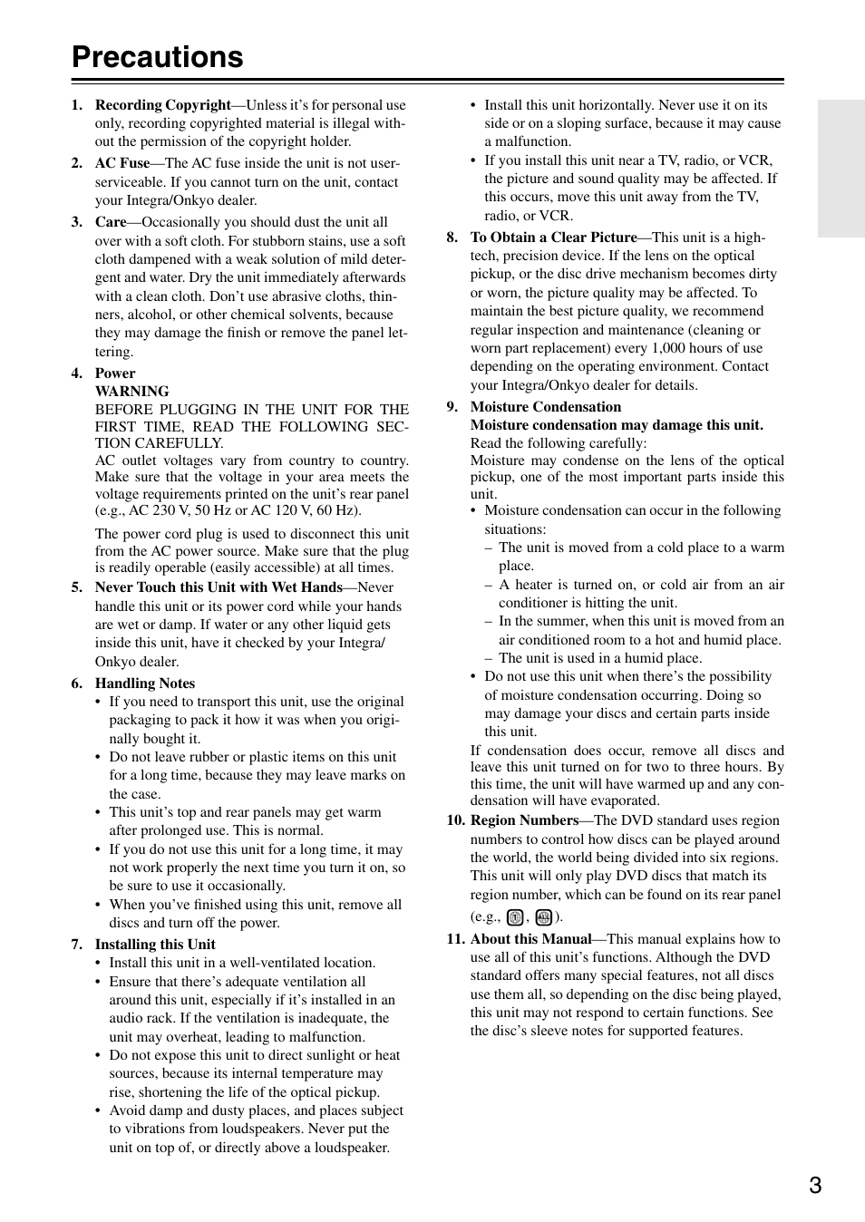 Precautions | Integra DPC-7.7 User Manual | Page 3 / 56