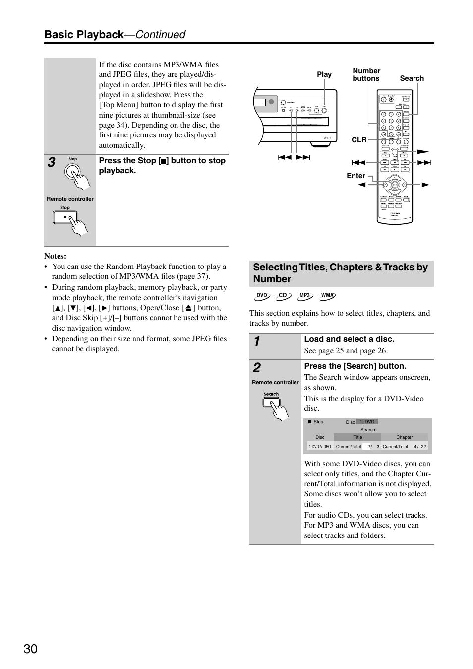 Selecting titles, chapters & tracks by number, Selecting titles, chapters & tracks by, Number | Uttons (30, Utton (30, Basic playback —continued | Integra DPC-7.7 User Manual | Page 30 / 56