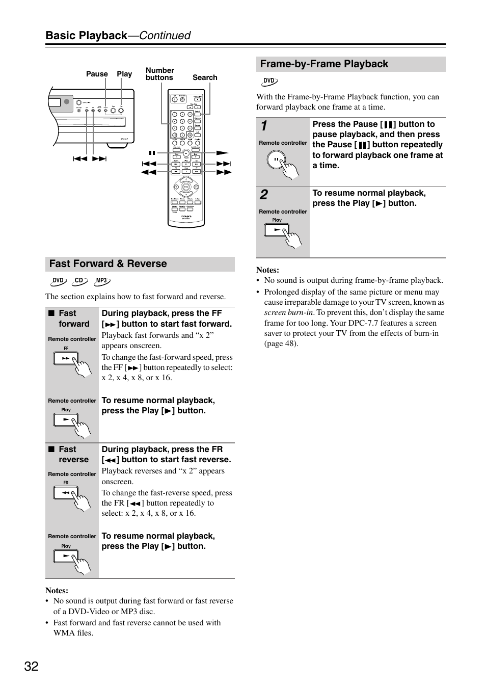 Fast forward & reverse, Frame-by-frame playback, Fast forward & reverse frame-by-frame playback | Utton (32), Basic playback —continued | Integra DPC-7.7 User Manual | Page 32 / 56