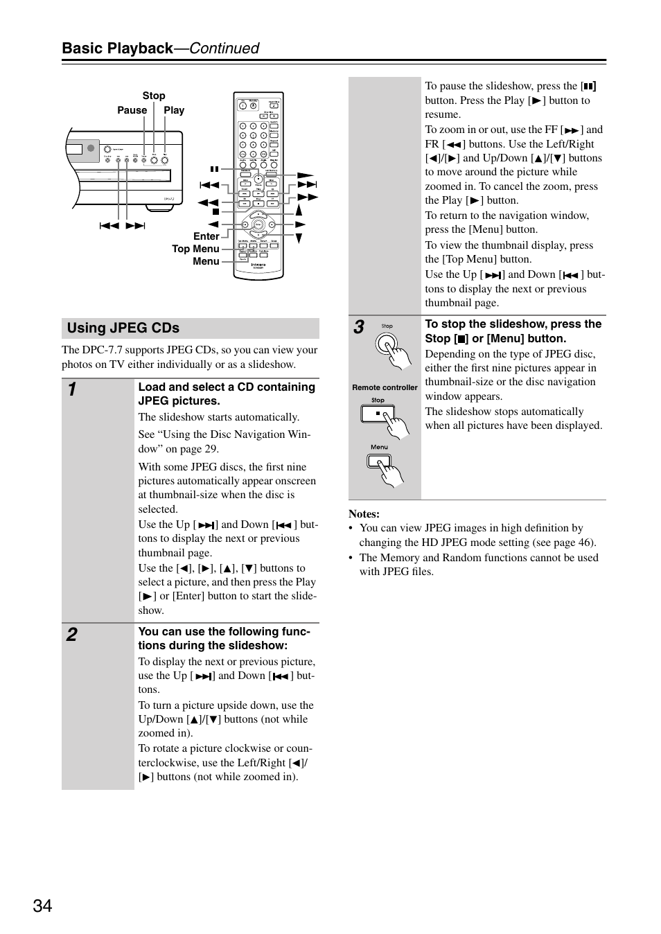 Using jpeg cds, Basic playback —continued | Integra DPC-7.7 User Manual | Page 34 / 56