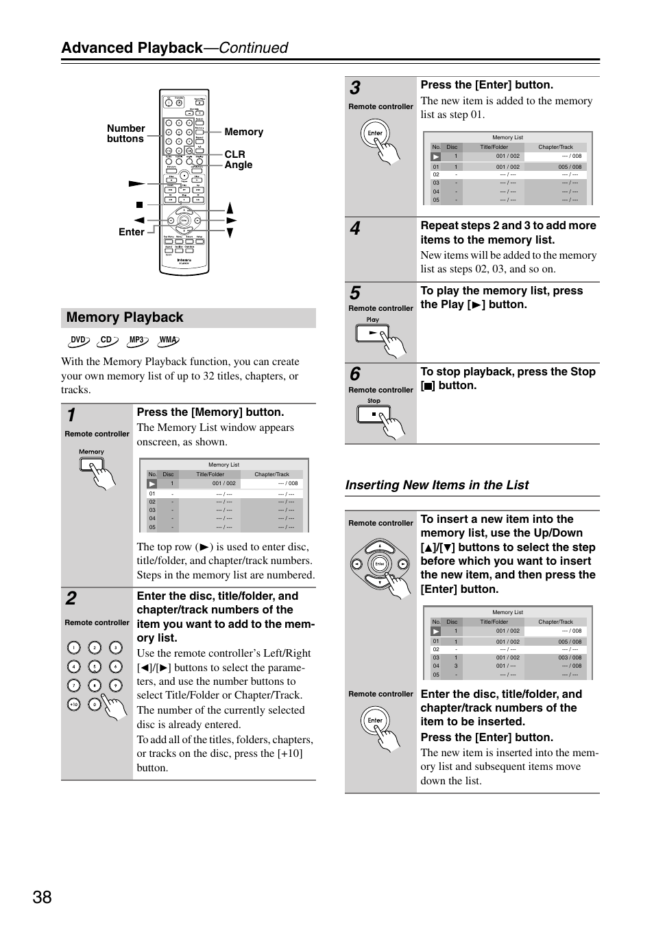 Memory playback, Utton (38), Advanced playback —continued | Inserting new items in the list | Integra DPC-7.7 User Manual | Page 38 / 56