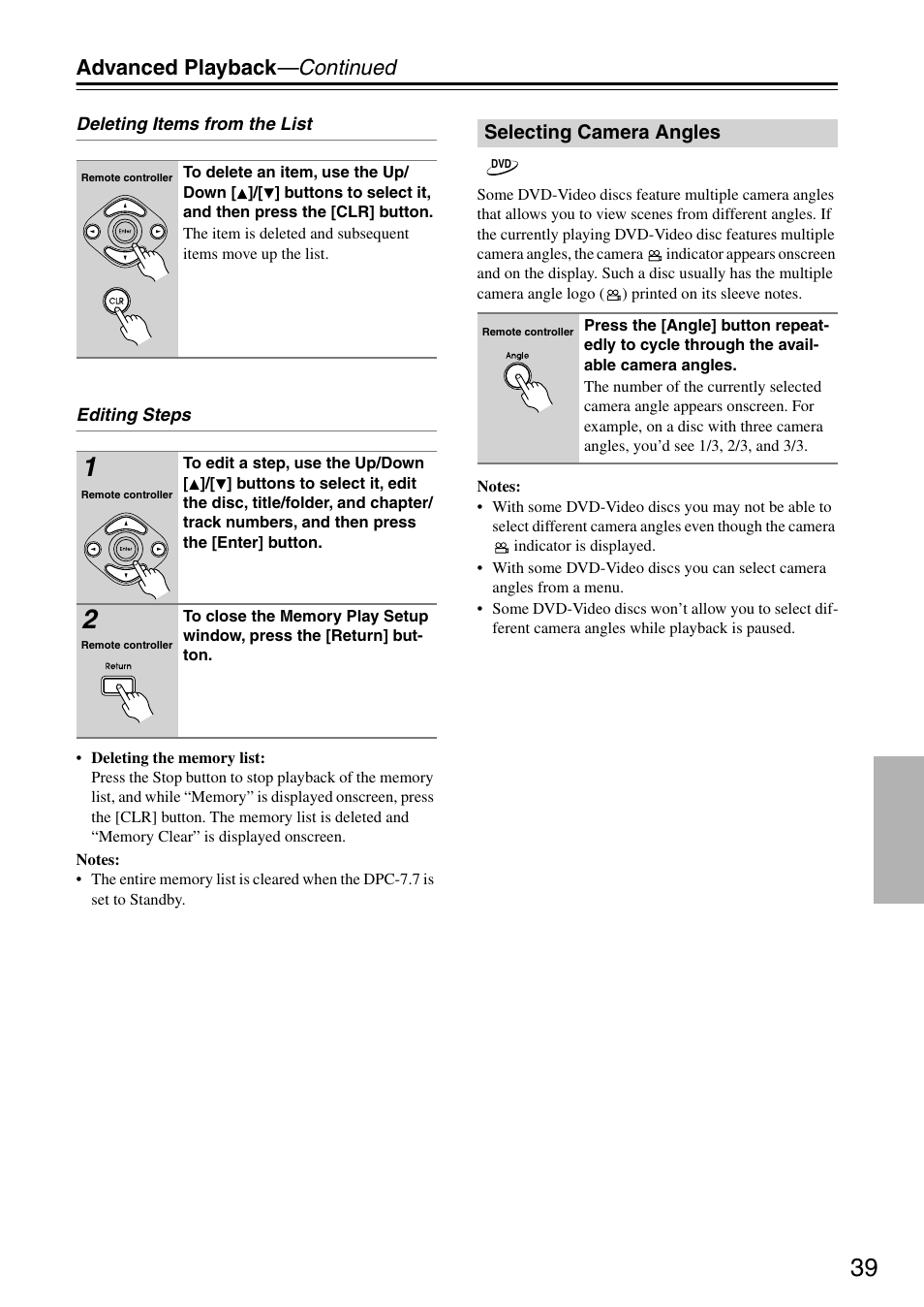 Selecting camera angles, Indicator (39), Utton (39 | Utton (39), Advanced playback —continued | Integra DPC-7.7 User Manual | Page 39 / 56