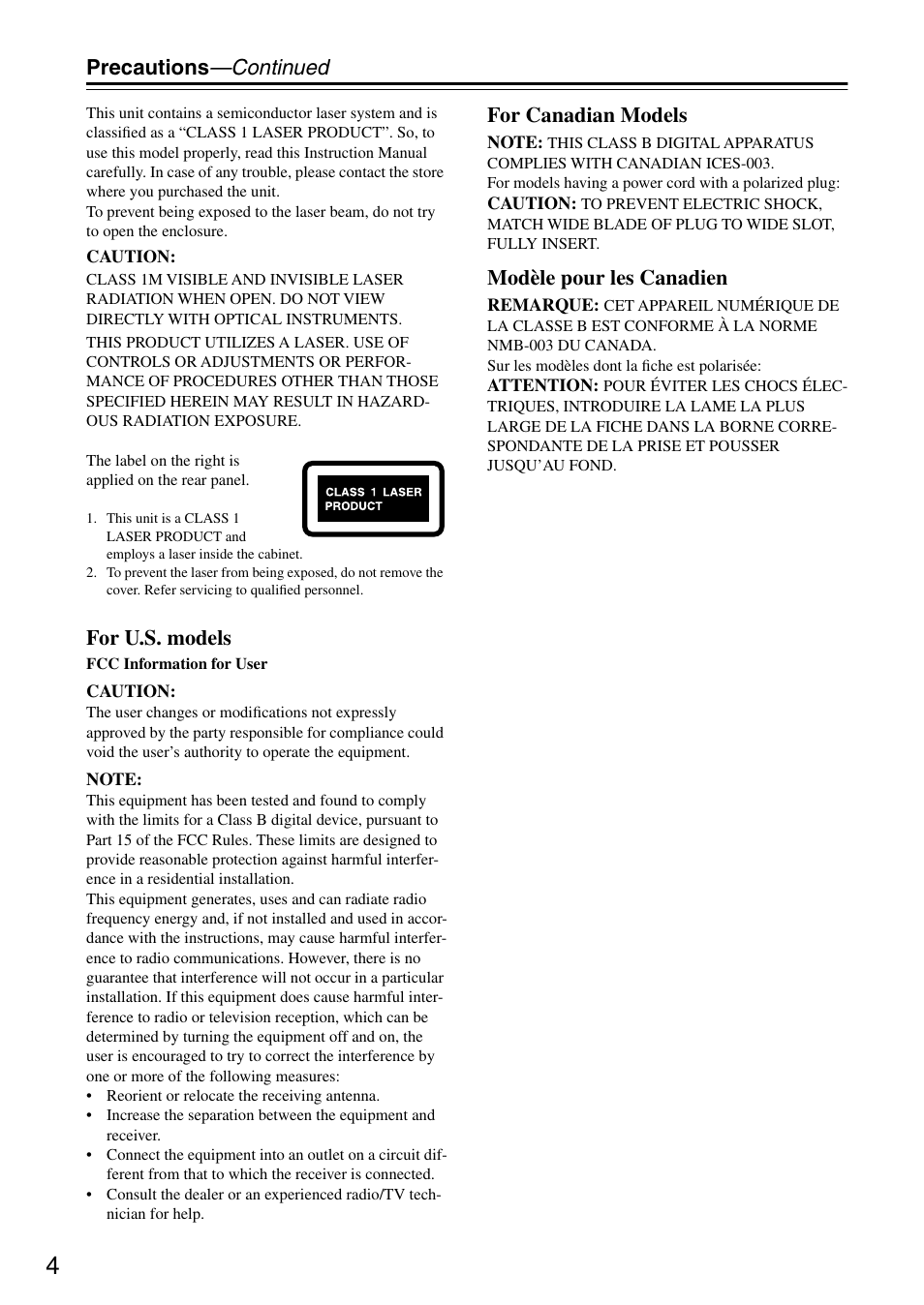 Precautions —continued, For u.s. models, For canadian models | Modèle pour les canadien | Integra DPC-7.7 User Manual | Page 4 / 56