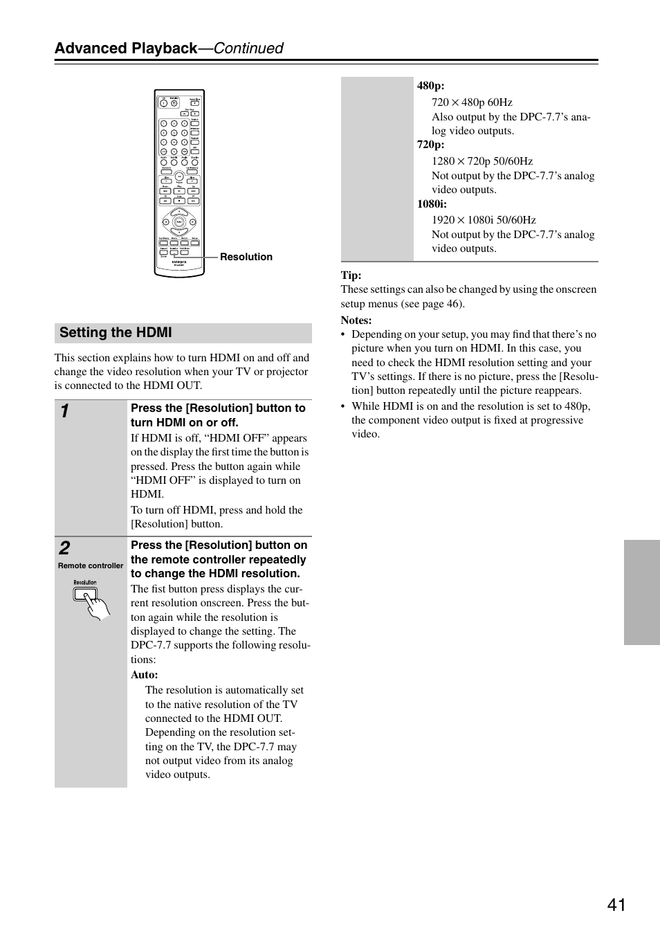 Setting the hdmi, Utton (41), Advanced playback —continued | Integra DPC-7.7 User Manual | Page 41 / 56