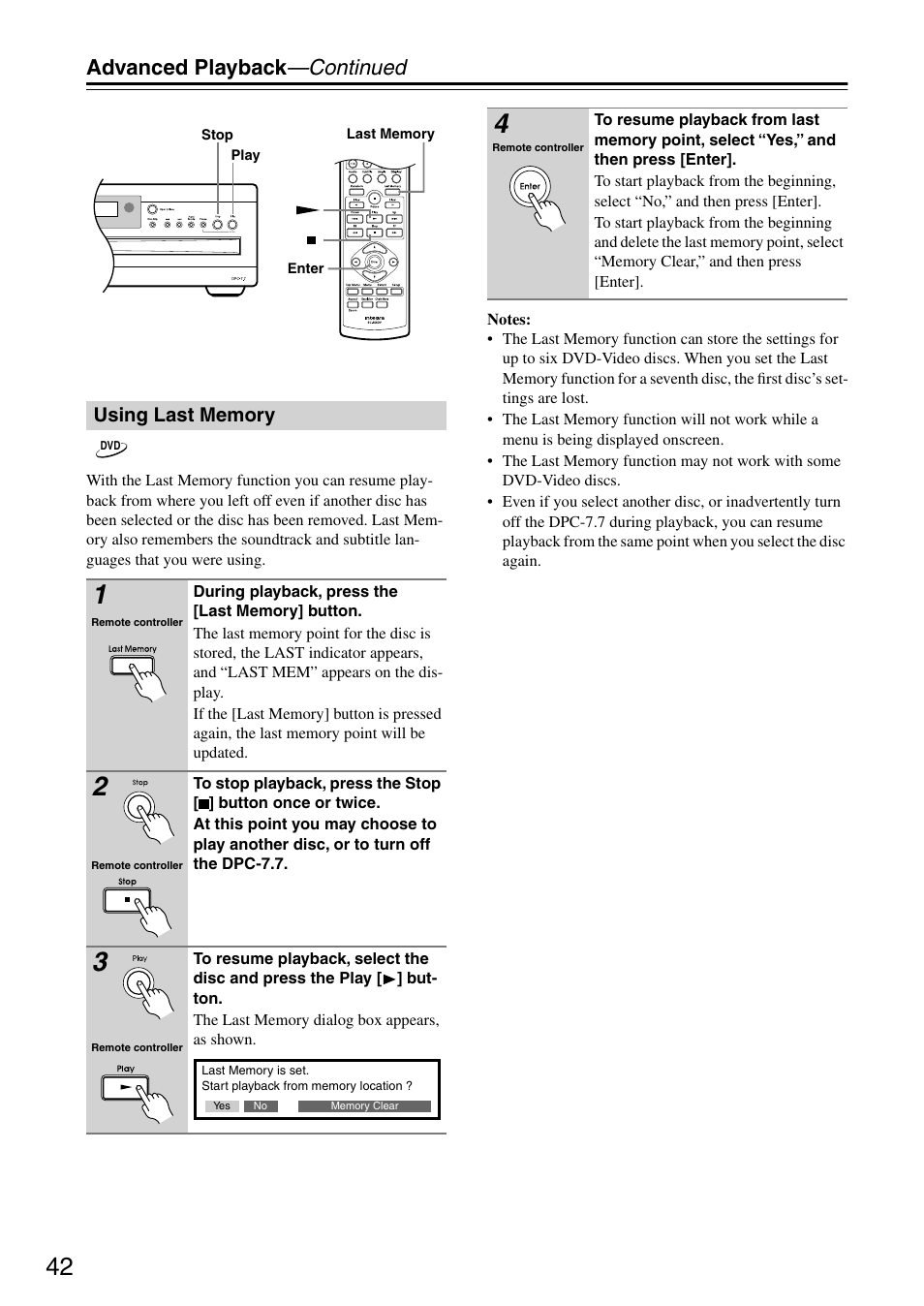 Using last memory, Last indicator (42), Utton (42) | Advanced playback —continued | Integra DPC-7.7 User Manual | Page 42 / 56