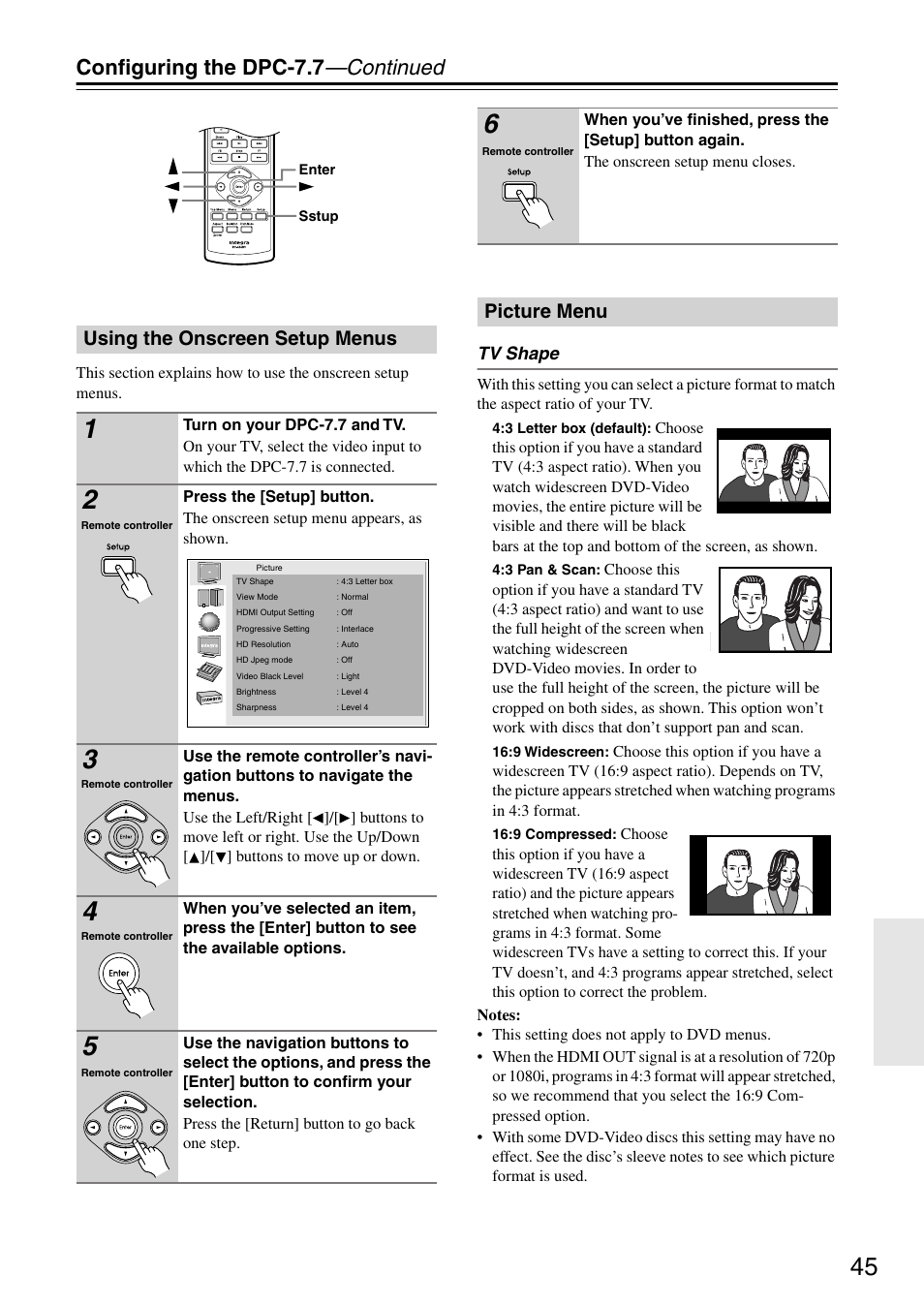 Using the onscreen setup menus, Picture menu, Using the onscreen setup menus picture menu | Utton (45), Tv shape, Configuring the dpc-7.7 —continued | Integra DPC-7.7 User Manual | Page 45 / 56