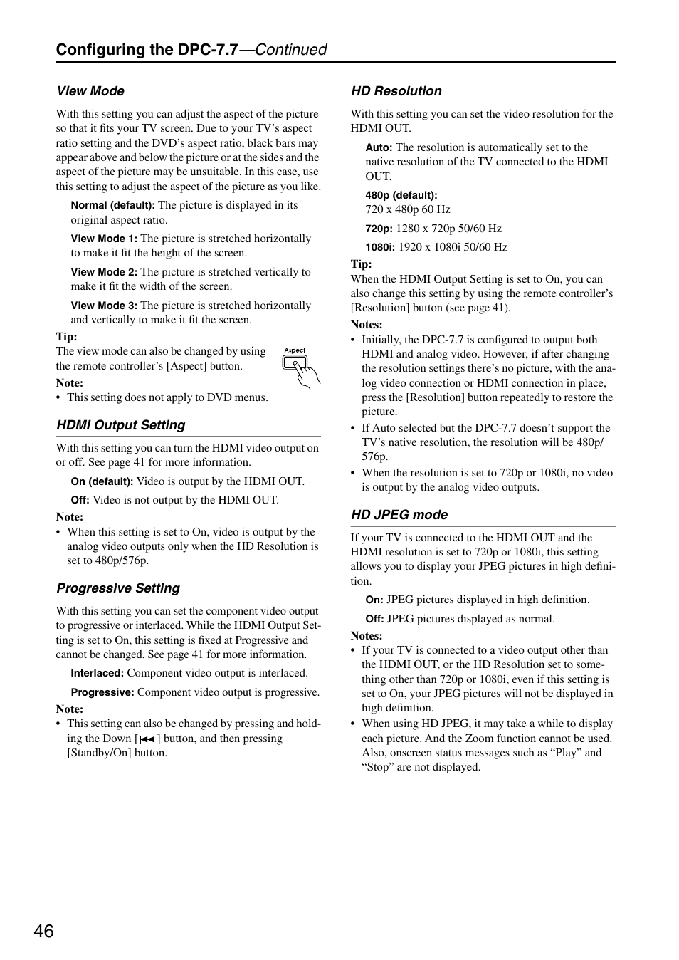 View mode, Hdmi output setting, Progressive setting | Hd resolution, Hd jpeg mode, Configuring the dpc-7.7 —continued | Integra DPC-7.7 User Manual | Page 46 / 56