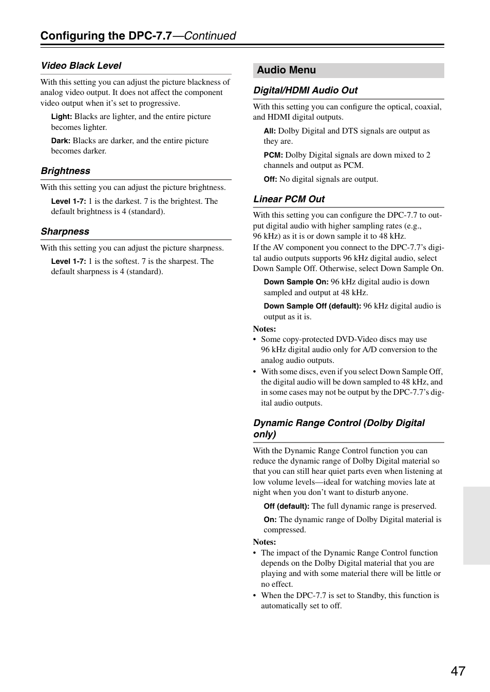 Audio menu, Video black level, Brightness | Sharpness, Digital/hdmi audio out, Linear pcm out, Configuring the dpc-7.7 —continued | Integra DPC-7.7 User Manual | Page 47 / 56