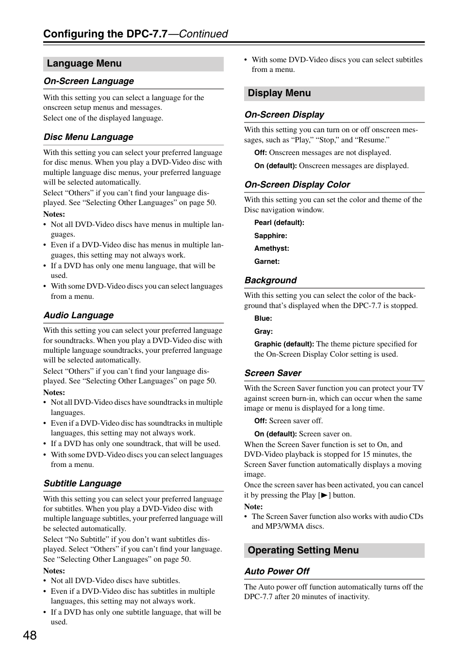 Language menu, Display menu, Operating setting menu | Language menu display menu operating setting menu, On-screen language, Disc menu language, Audio language, Subtitle language, On-screen display color, Background | Integra DPC-7.7 User Manual | Page 48 / 56