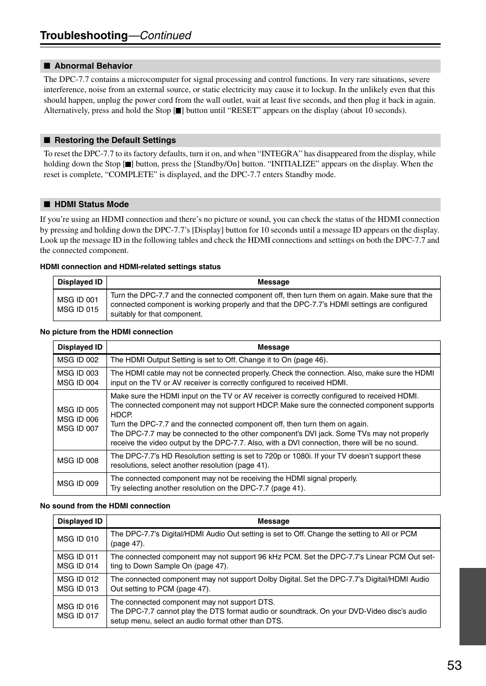Troubleshooting —continued | Integra DPC-7.7 User Manual | Page 53 / 56