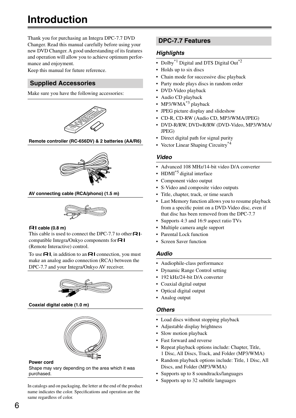 Introduction, Supplied accessories, Dpc7.7 features | Supplied accessories dpc-7.7 features, Dpc-7.7 features | Integra DPC-7.7 User Manual | Page 6 / 56