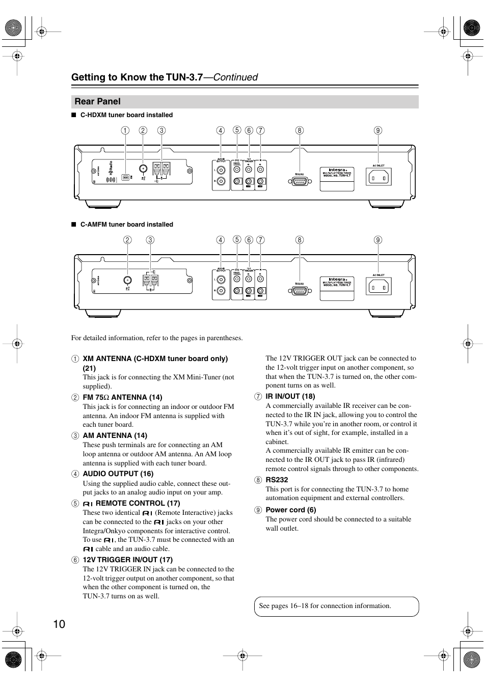 Rear panel, Getting to know the tun-3.7 —continued | Integra TUN-3.7 User Manual | Page 10 / 32