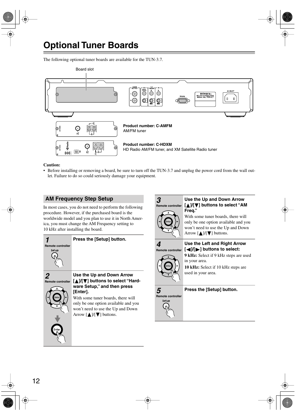 Optional tuner boards, Am frequency step setup, Uttons (12 | Utton (12 | Integra TUN-3.7 User Manual | Page 12 / 32