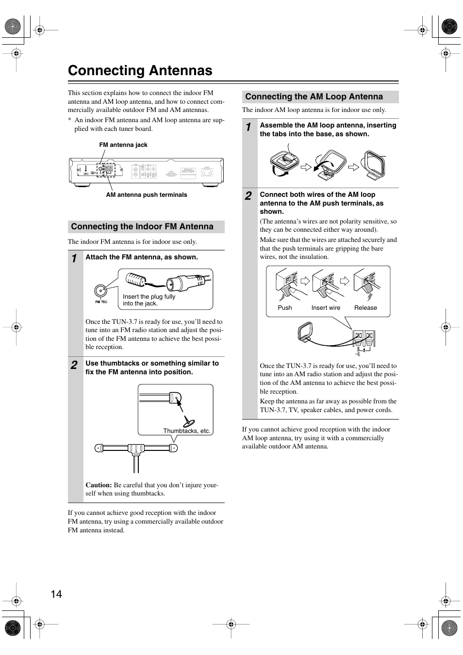 Connecting antennas, Connecting the indoor fm antenna, Connecting the am loop antenna | Antenna (14), Am antenna (14) | Integra TUN-3.7 User Manual | Page 14 / 32