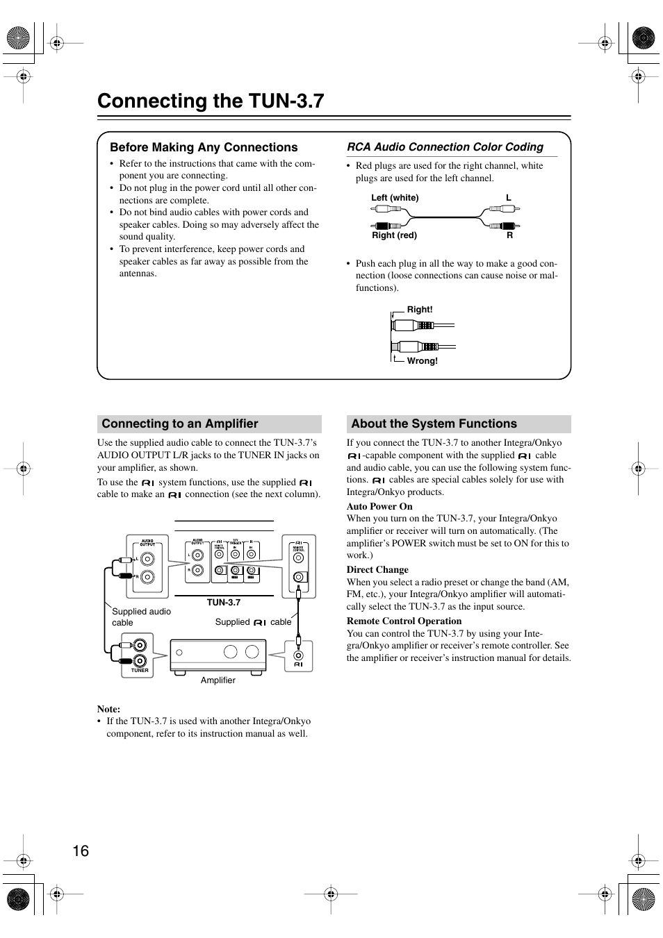 Connecting the tun3.7, Before making any connections, Connecting to an amplifier | About the system functions, Connecting the tun-3.7, Udio output (16) | Integra TUN-3.7 User Manual | Page 16 / 32