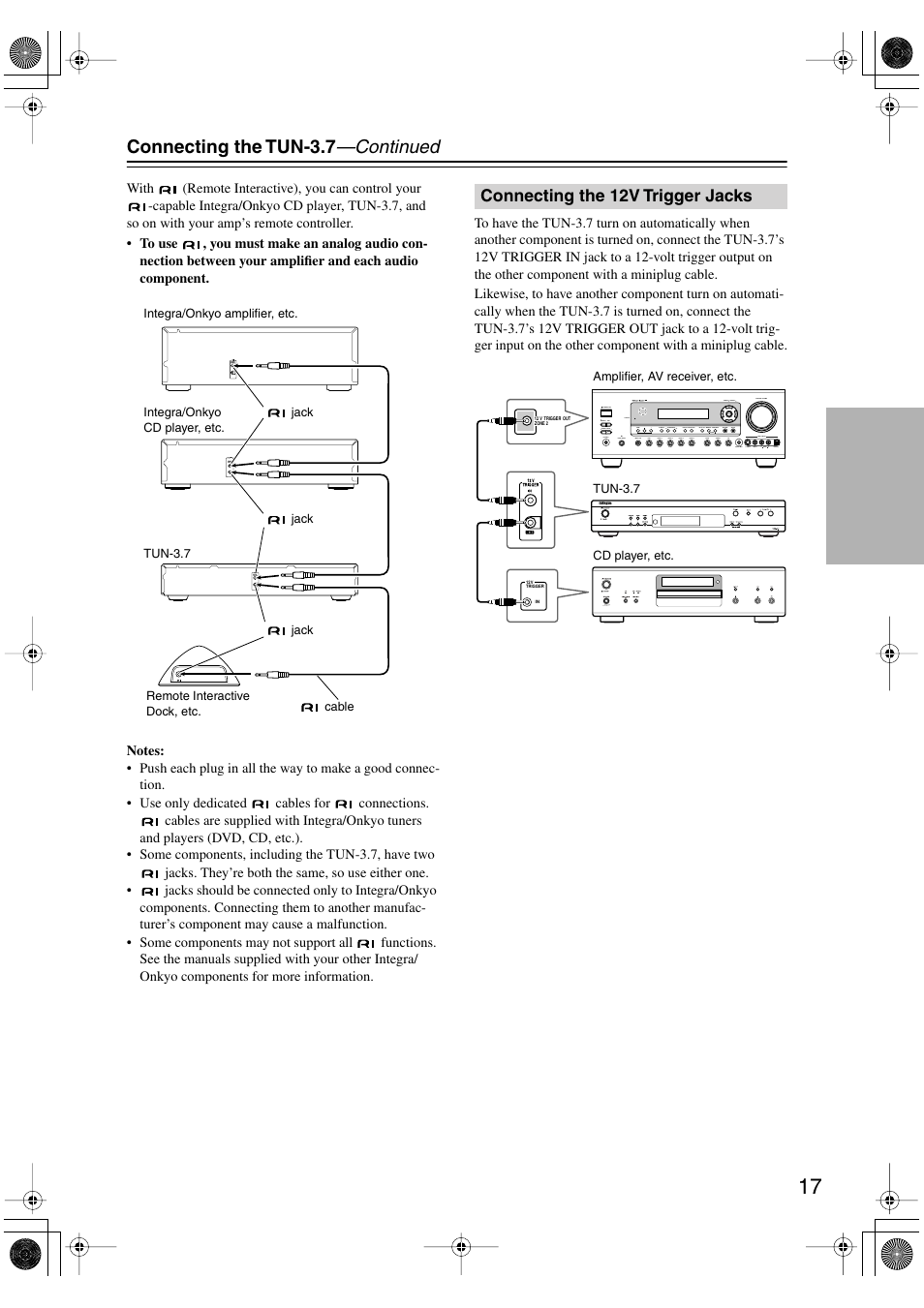 Connecting the 12v trigger jacks, Ol (17), Trigger in/out (17) | Connecting the tun-3.7 —continued | Integra TUN-3.7 User Manual | Page 17 / 32