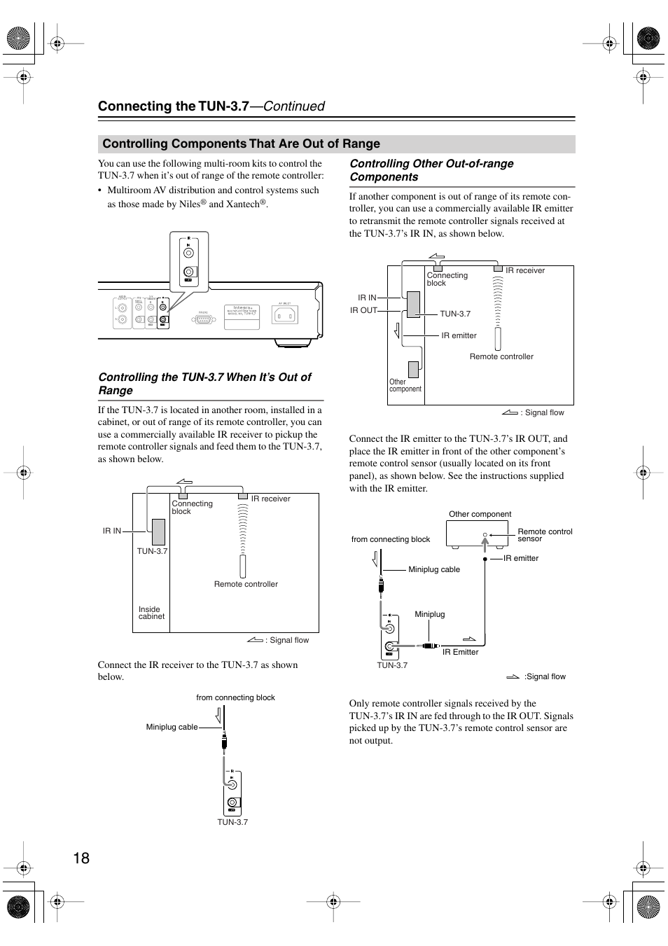 Controlling components that are out of range, Ir in/out (18), Connecting the tun-3.7 —continued | Integra TUN-3.7 User Manual | Page 18 / 32