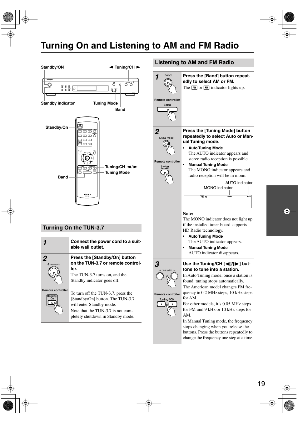 Turning on and listening to am and fm radio, Turning on the tun3.7, Listening to am and fm radio | Utton (19), Y indicator (19), Utton (19, Uttons (19 | Integra TUN-3.7 User Manual | Page 19 / 32