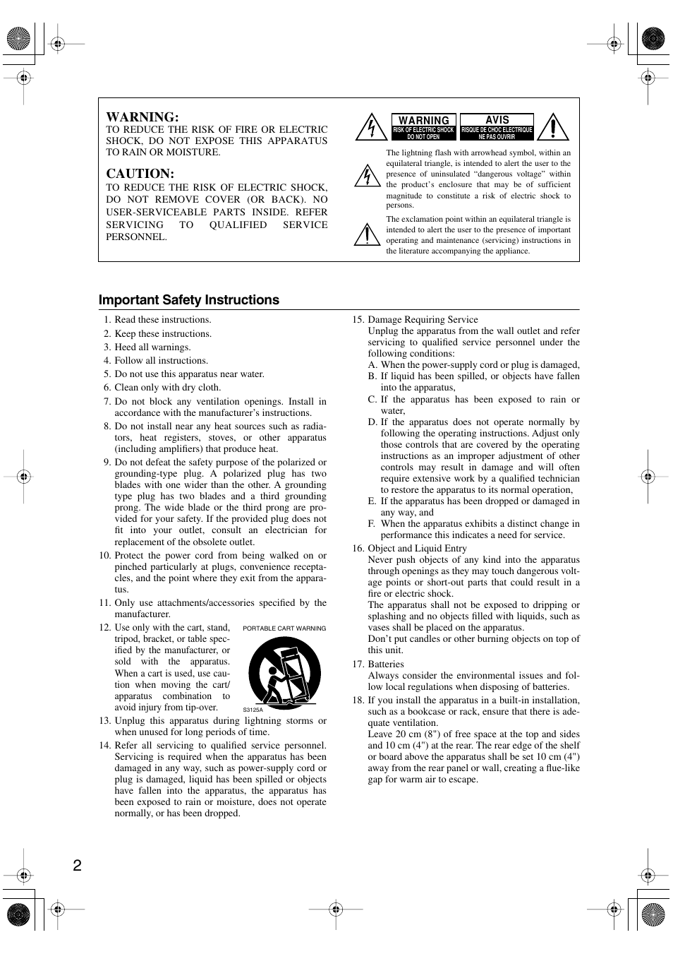 Important safety instructions, Warning, Caution | Integra TUN-3.7 User Manual | Page 2 / 32