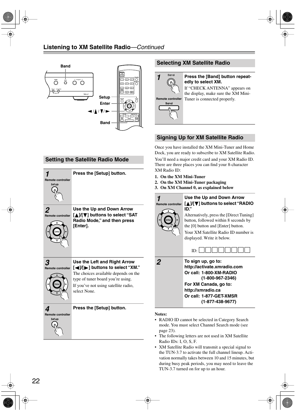 Setting the satellite radio mode, Selecting xm satellite radio, Signing up for xm satellite radio | Integra TUN-3.7 User Manual | Page 22 / 32
