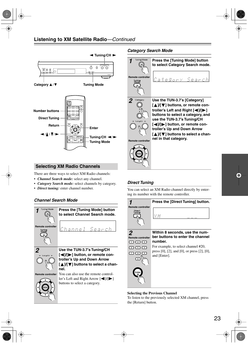 Selecting xm radio channels, Uttons (23, Listening to xm satellite radio —continued | Integra TUN-3.7 User Manual | Page 23 / 32